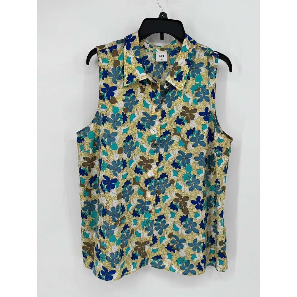 Cabi Floral Sleeveless Button Down Top XL Yellow Blue Peplum Back Excellent 5215